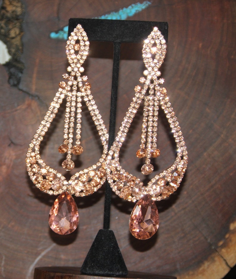 Rose Gold Chandelier Earrings, rose gold large crystal earrings, rose gold rhinestone pageant earrings, rose gold extra long clip on earring image 3