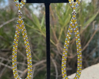 Yellow ab long earrings, yellow and iridescent pageant earrings, sparkly yellow ab prom earrings