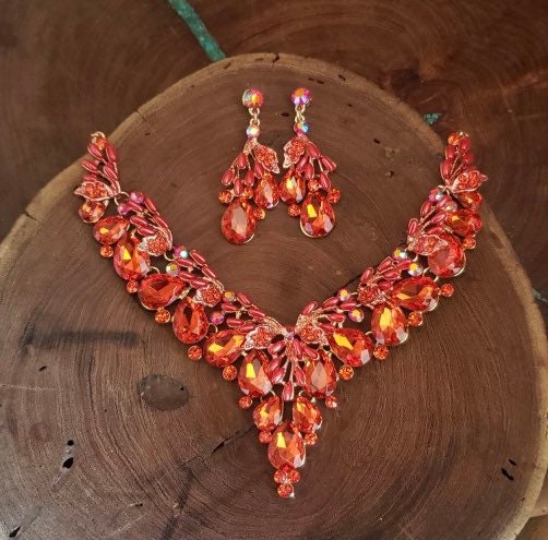 Orange Ab Rhinestone Necklace and Earrings Set, Orange Necklace and Earrings  - Etsy