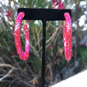 Hot pink hoop earrings, neon pink sequin hoops, hot pink prom hoops