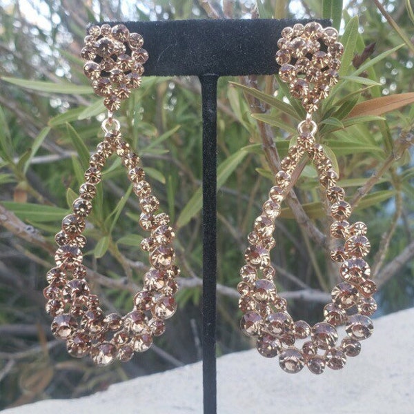 Gold rhinestone hoops, long gold crystal hoops, gold hoop earrings, gold pageant hoops