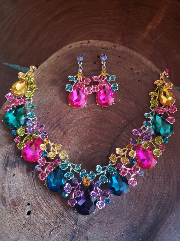 Multi Color Rhinestone Necklace and Earrings Set, Rainbow Necklace
