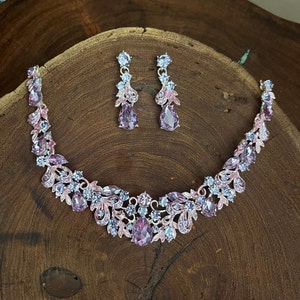 Lilac rhinestone earrings and necklace set, lavender bridesmaid necklace set image 1