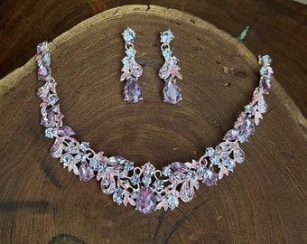 Lilac rhinestone earrings and necklace set, lavender bridesmaid necklace set