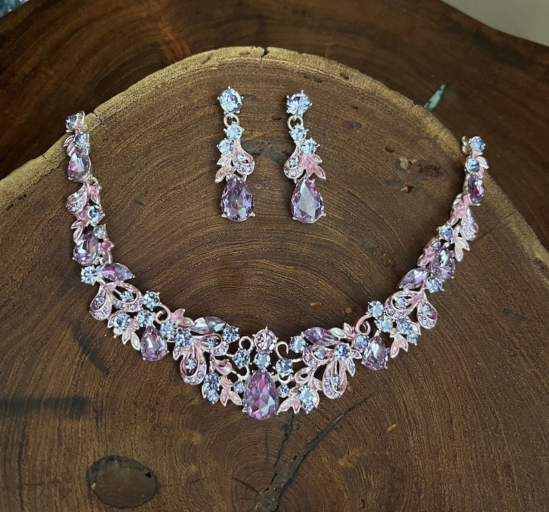 Lilac rhinestone earrings and necklace set, lavender bridesmaid necklace set image 1