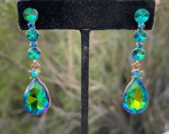 Green blue earrings, neon green rhinestone earrings,