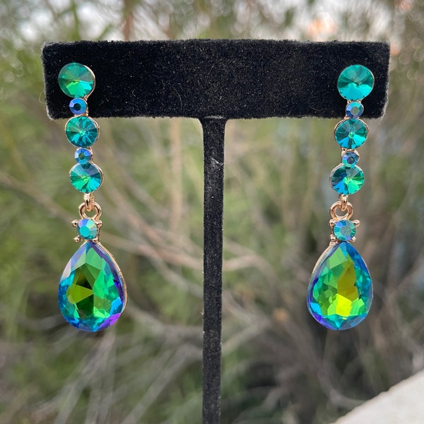 Green blue earrings, neon green rhinestone earrings,