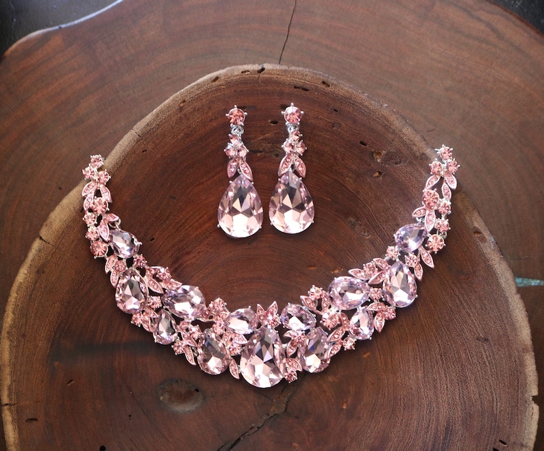 pink rhinestone set rose pink necklace and earrings set light pink bridesmaid jewelry pink bridal jewelry set pink prom necklace set