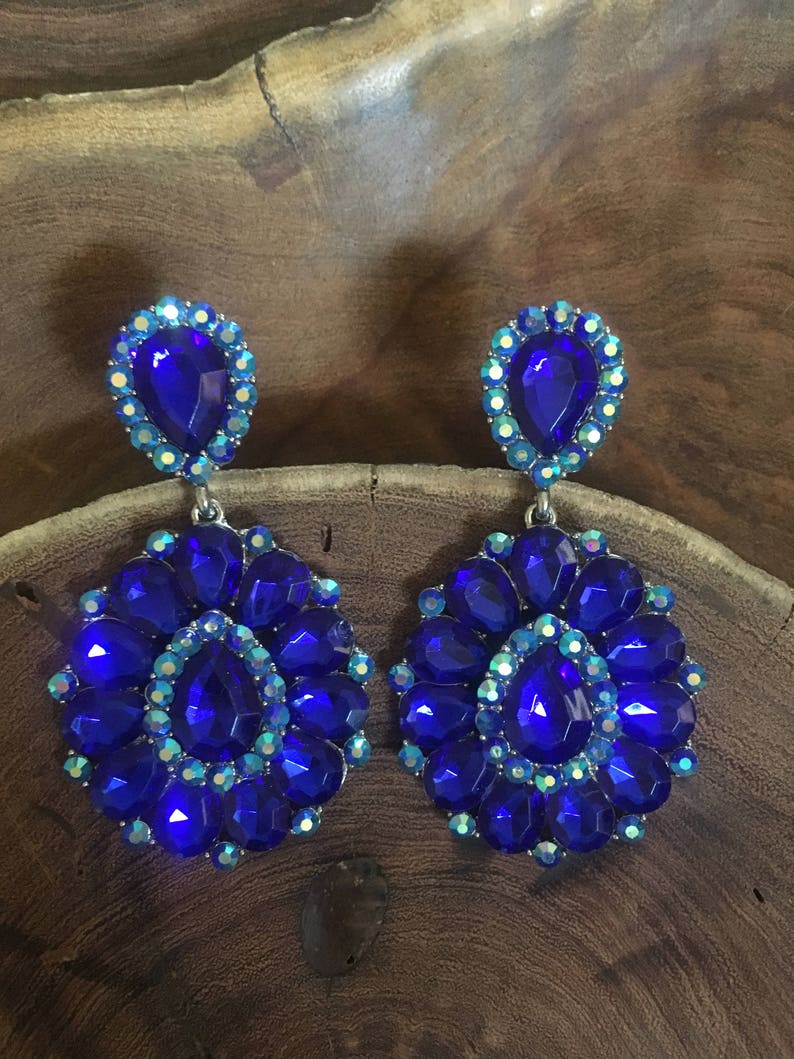 Large Blue Clip on Earrings Chunky Rhinestone Clip on Etsy