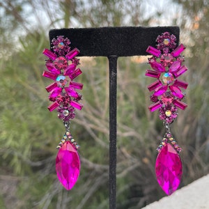 Fuchsia ab earrings, hot pink long earrings, magenta crystal earrings