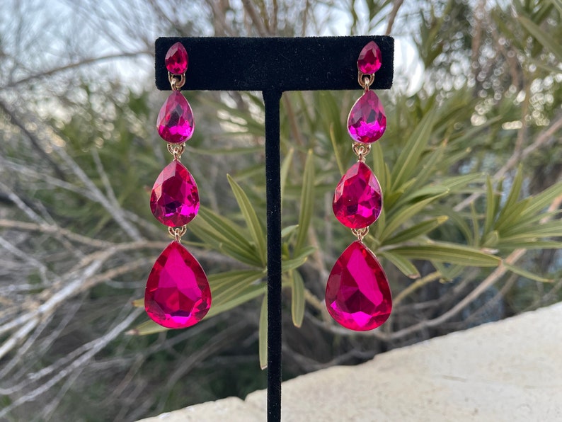 Fuchsia dangle earrings, hot pink rhinestone long earrings, fuchsia prom earrings, magenta earrings image 1