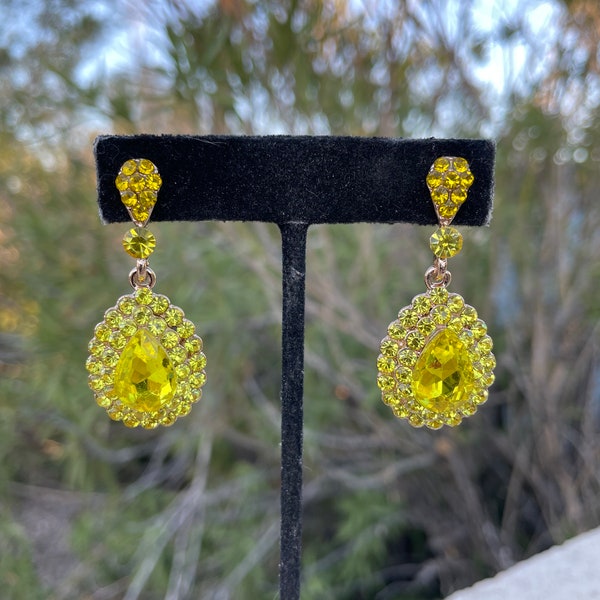 Yellow rhinestone earrings, yellow prom earrings, yellow crystal dangle earrings