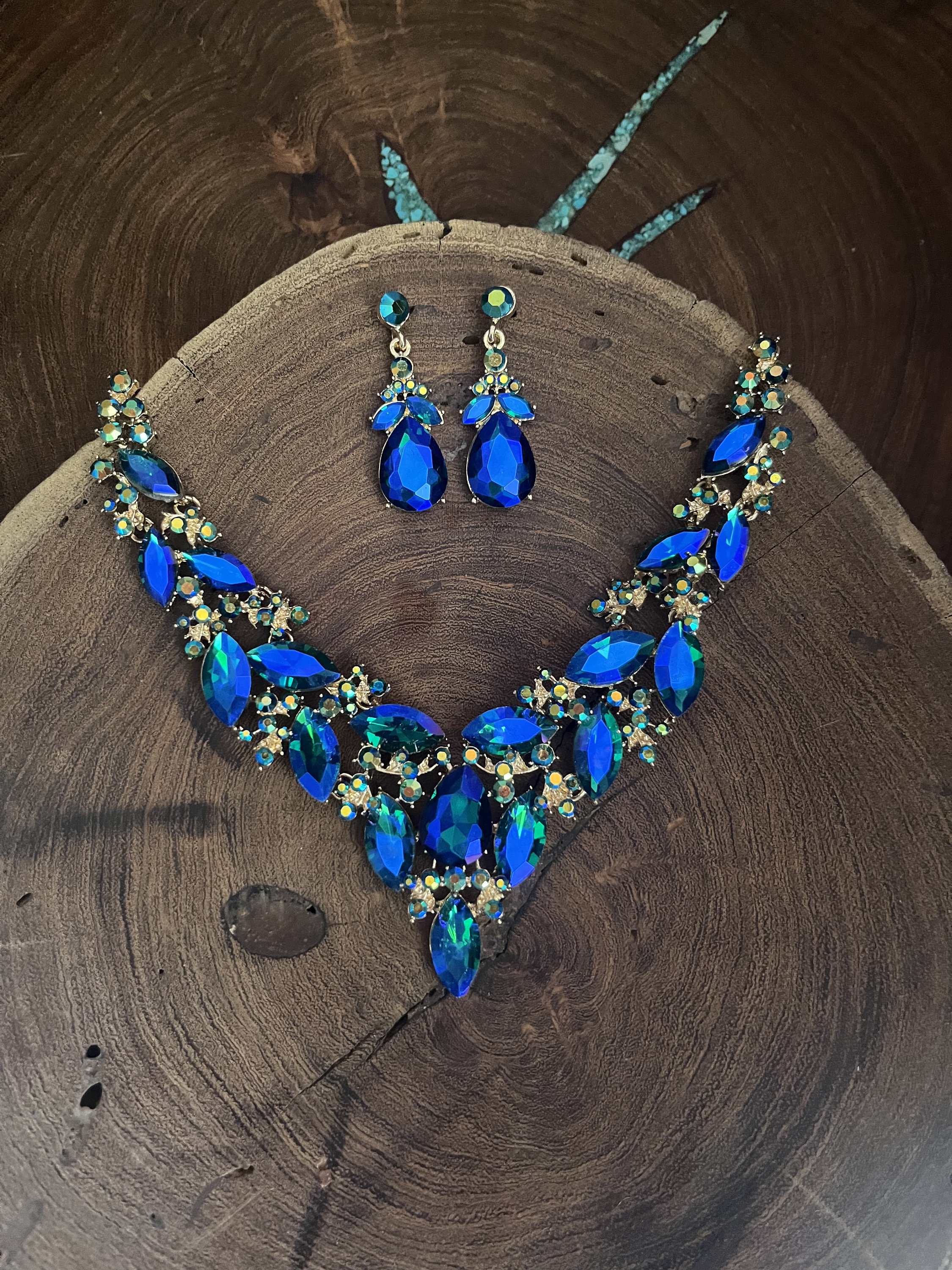 Blue Green Iridescent Necklace and Earrings Set