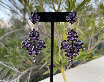 Amethyst purple rhinestone earrings, deep purple earrings