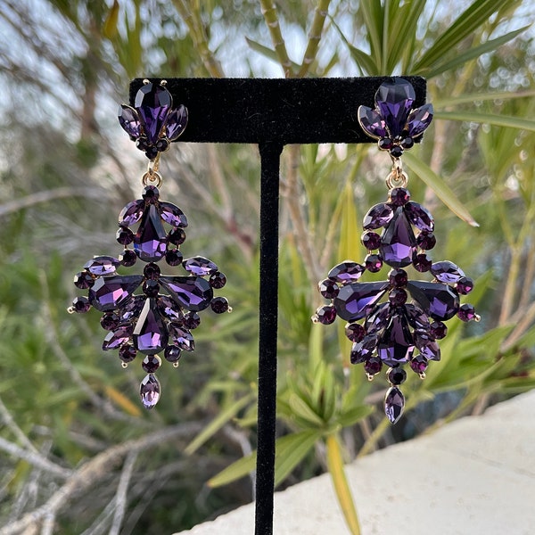 Amethyst purple rhinestone earrings, deep purple earrings