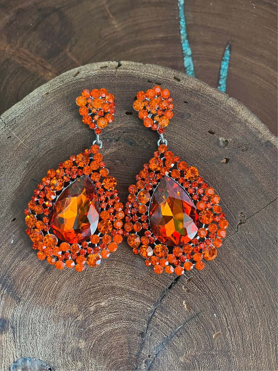 Orange Rhinestone Earrings, Orange Chunky Earrings, Large Orange