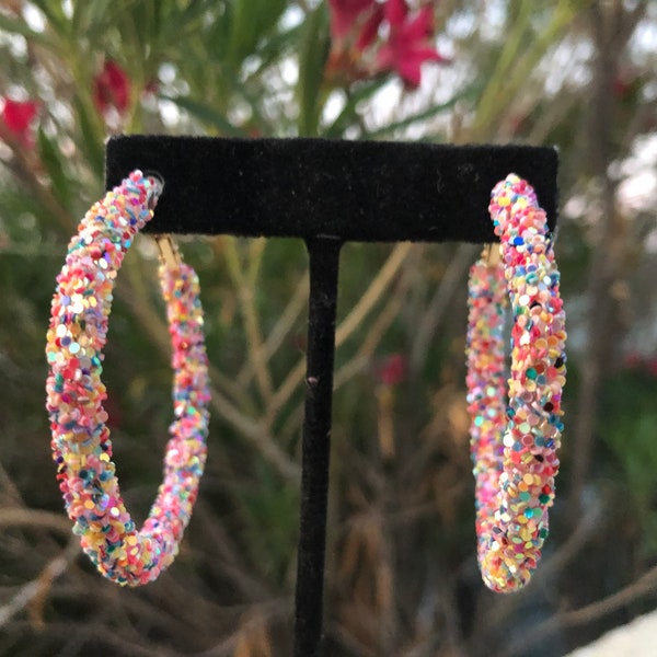 Multi color hoops, sprinkles hoop earrings, fun fashion hoops, colorful hoop earrings, confetti hoops