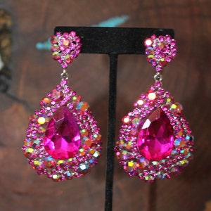 hot pink earrings, fuchsia earrings, hot pink prom earrings, fuschia prom earrings, hot pink chunky earrings, pink rhinestone wide earrings image 5