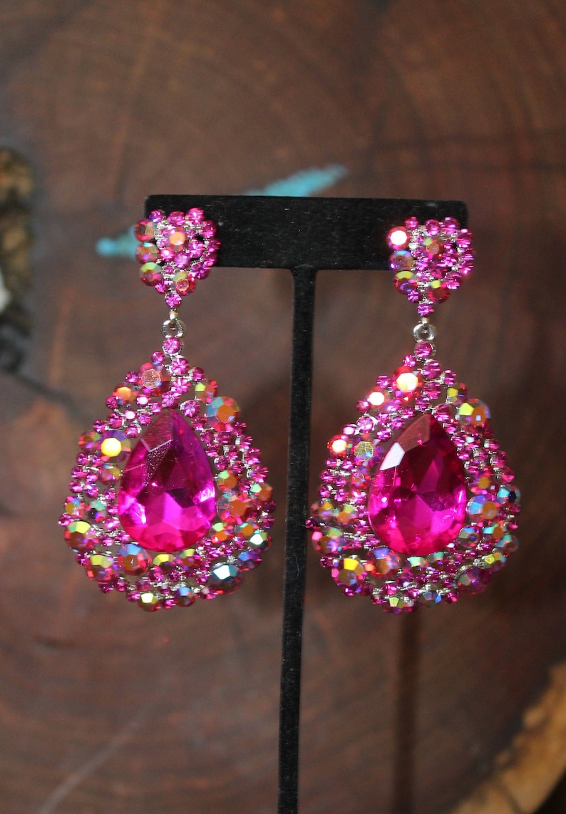 hot pink earrings, fuchsia earrings, hot pink prom earrings, fuschia prom earrings, hot pink chunky earrings, pink rhinestone wide earrings image 5
