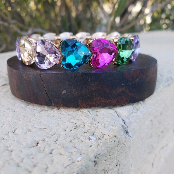 Heart multi color bracelet, fun heart rhinestone bracelet, heart crystal color bracelet