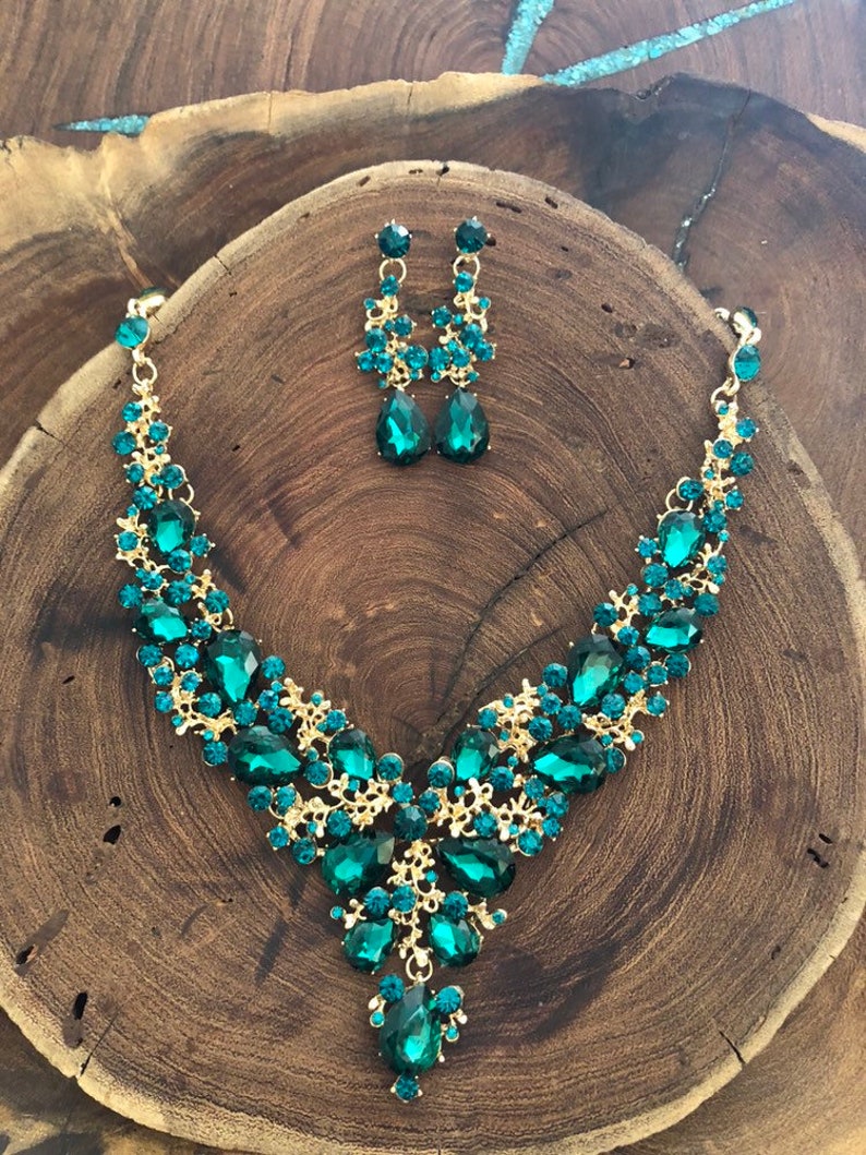 Prom Green Necklace Set Emerald Green Necklace and Earrings Etsy