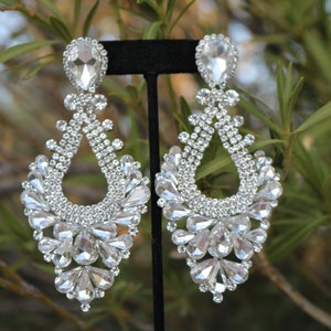 Statement crystal bridal earrings, oversized rhinestone earrings, crystal fitness competition earrings, rhinestone pageant earrings