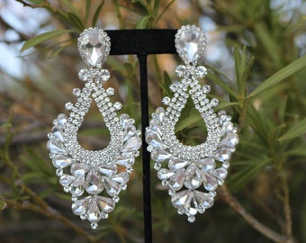 Statement crystal bridal earrings, oversized rhinestone earrings, crystal fitness competition earrings, rhinestone pageant earrings