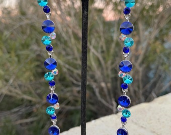 Aqua royal blue and ab long earrings, blue mix and aB earrings