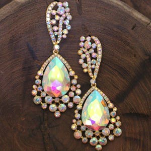 AB large crystal earrings, AB pageant earrings, AB prom earrings, chunky rhinestone earrings, ab clip on earrings image 5