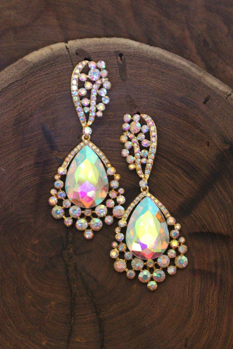 AB large crystal earrings, AB pageant earrings, AB prom earrings, chunky rhinestone earrings, ab clip on earrings image 5