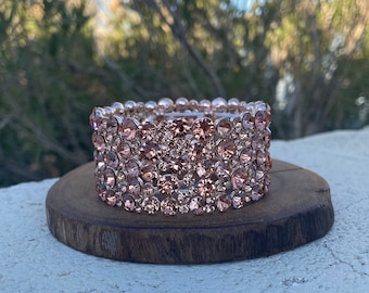 rose gold rhinestone bracelet, peach rhinestone stretch bracelet