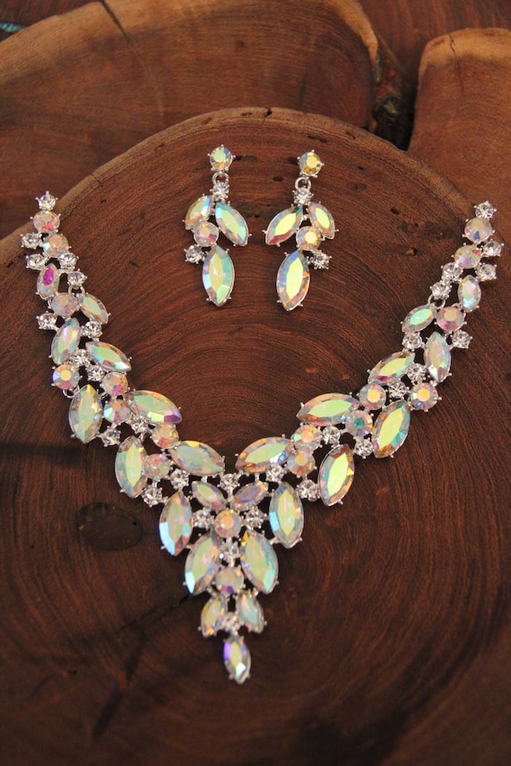 AB Bridal rhinestone necklace set, iridescent crystal necklace and earrings  set, ab prom rhinestone necklace set, ab pageant necklace set