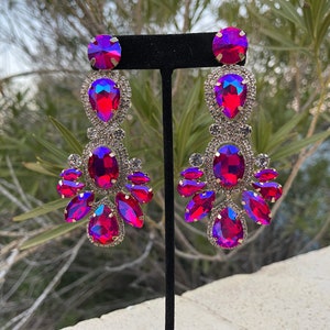 Fuchsia Ab Long Earrings, Fuchsia Iridescent Pageant Earrings, Fuchsia ...