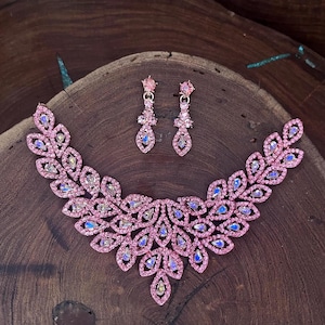 pink iridescent necklace and earrings set, pink ab prom necklace set