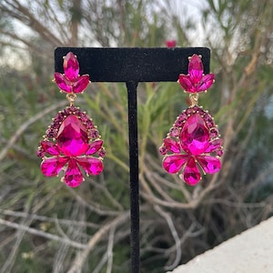 Hot pink earrings, Barbie pink earrings, pink rhinestone earrings, hot pink prom earrings