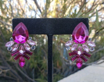 Fuchsia large stud earrings, fuchsia rhinestone earrings, fuchsia prom earrings