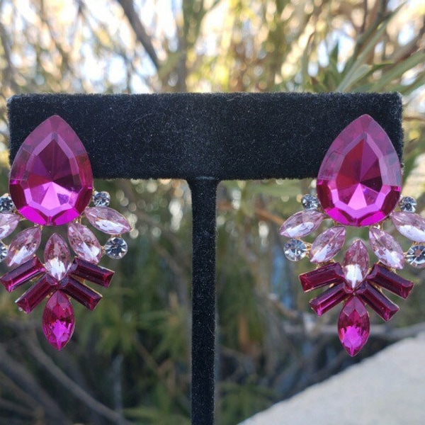 Fuchsia large stud earrings, fuchsia rhinestone earrings, fuchsia prom earrings