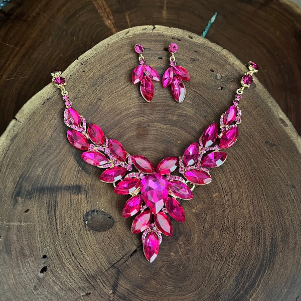 Fuchsia necklace and earrings set, statement fuchsia necklace set