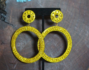 oversized yellow hoops, large yellow hoop earrings, extra large yellow earrings, yellow rhinestone earrings, citrine hoops