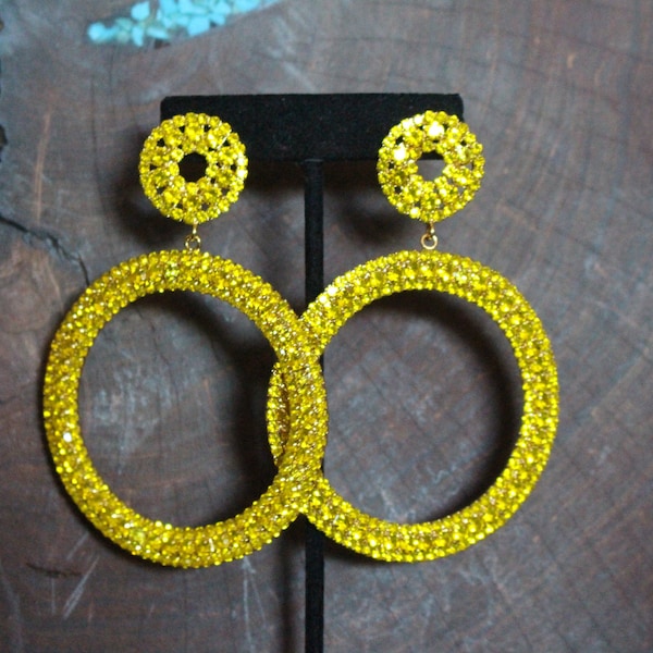oversized yellow hoops, large yellow hoop earrings, extra large yellow earrings, yellow rhinestone earrings, citrine hoops