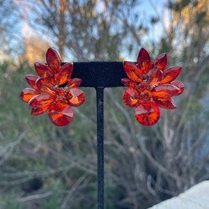 Orange statement clip on earrings, large stud orange clip on earrings