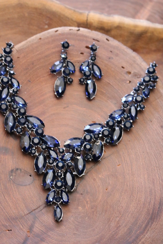 Navy Necklace and Earrings Set Navy Rhinestone Necklace Set Etsy