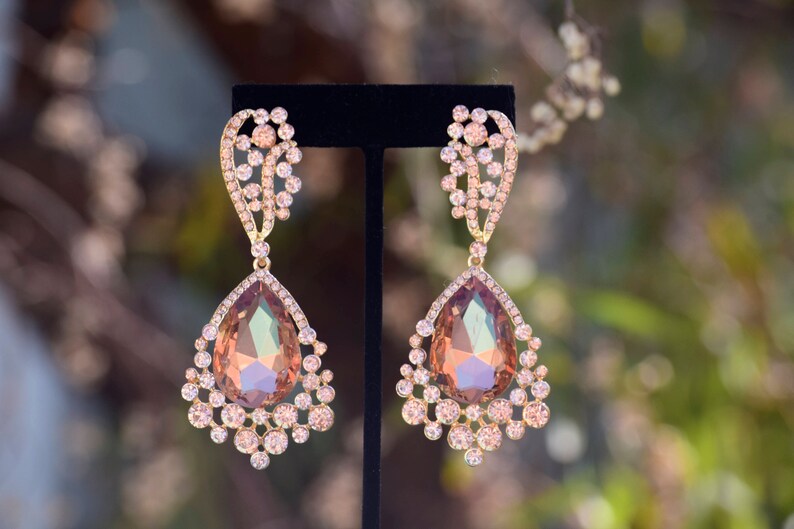 Rose gold large crystal rhinestone earrings champagne chunky Etsy