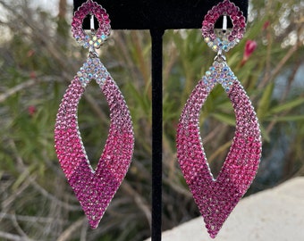 Pink earrings, pink ombré rhinestone earrings