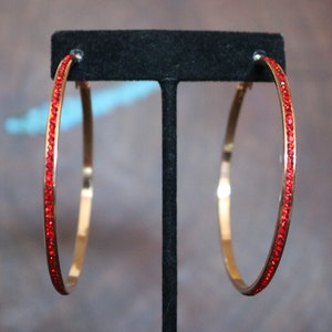 Red hoop earrings, red rhinestone hoops, red long hoops