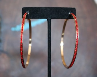 Red hoop earrings, red rhinestone hoops, red long hoops