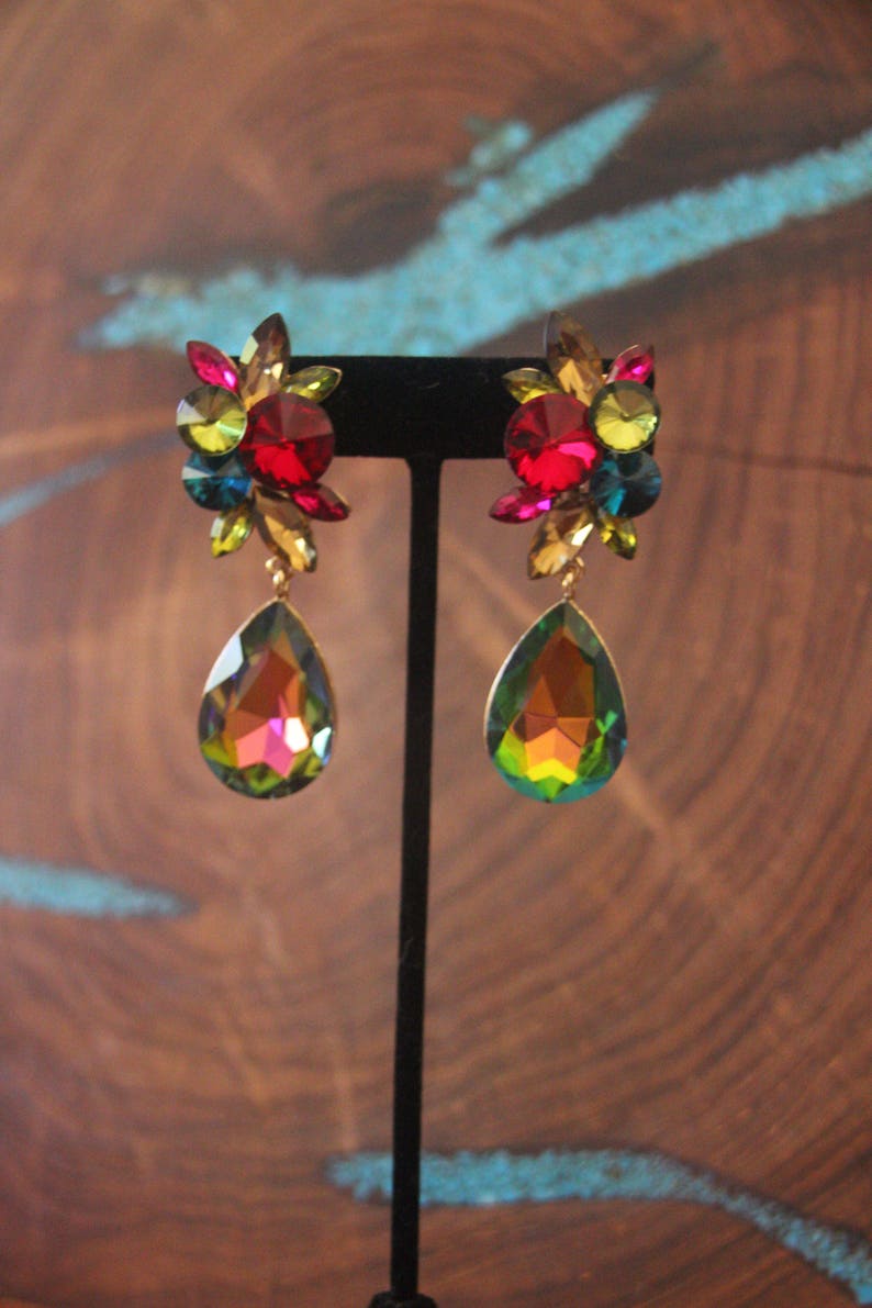 red crystal clip on earrings rhinestone green and gold multi color multi color clip on earrings yellow rhinestone clip on earrings
