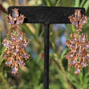 rose gold bridal earrings, rose gold rhinestone earrings, peach rhinestone earrings, peach crystal prom earrings, bridesmaid rose earrings