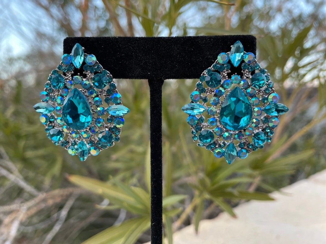 Aqua Oversized Stud Earrings, Aqua Ab Pageant Studs, Large Stud Dance