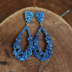 Light blue large earrings, light Sapphire rhinestone earrings, light blue pageant clip on earrings